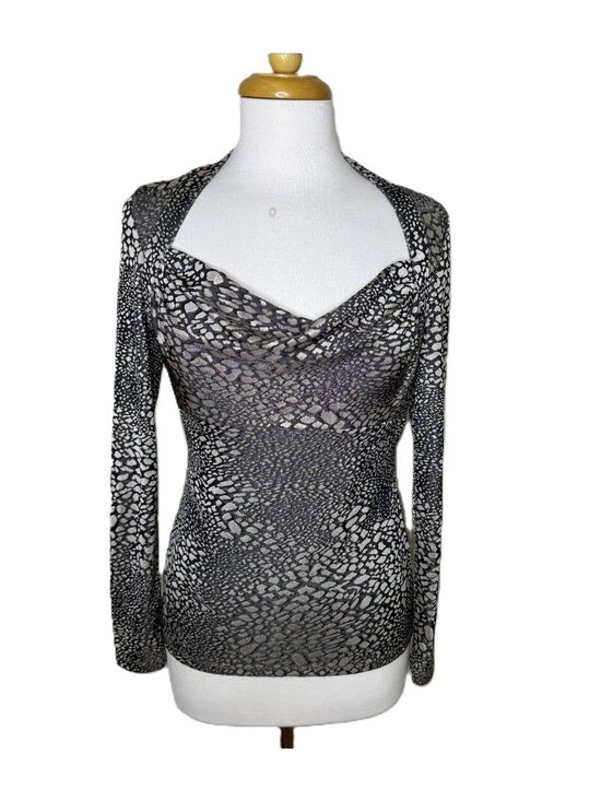Vintage Tops - Vintage Y2K Metallic Animal Print Going Out Top, Long Sleeve Cowl Neck, Small